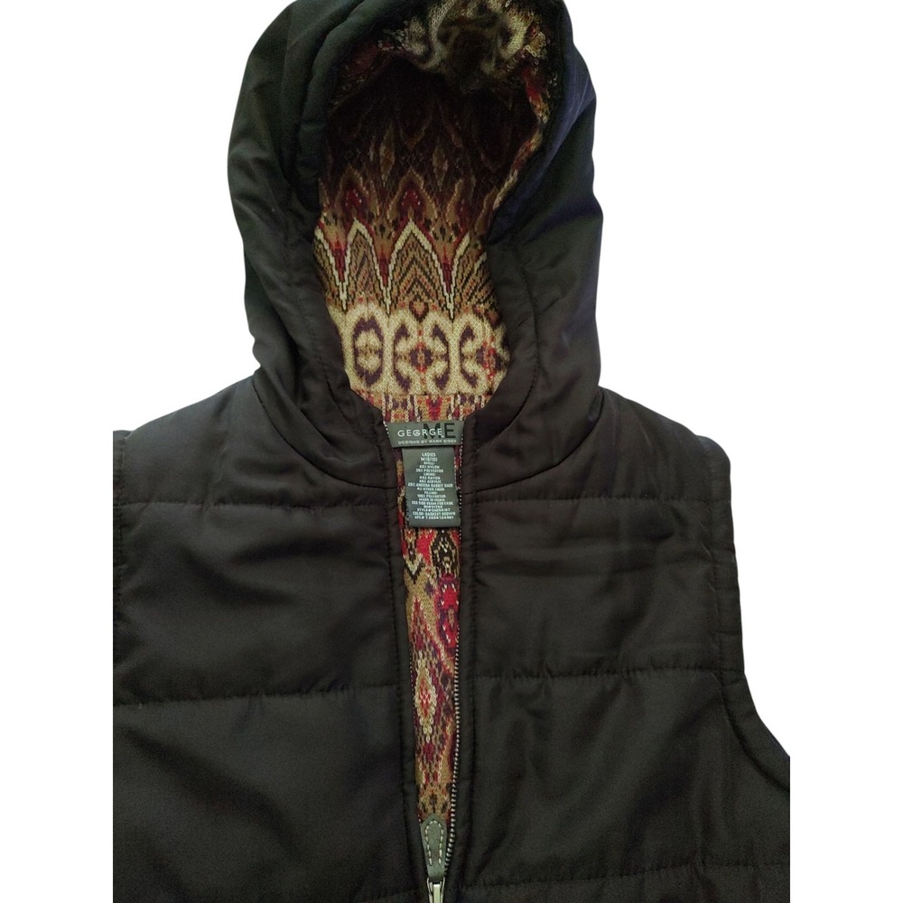 George Puffer Quilted Vest Full Zip Brown Hooded Angora Lining Womens Medium